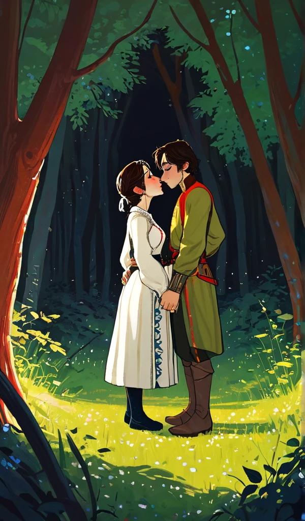 2D ART, hyper detailed gouache painting, realistic features, cartoon, illustration, gougoupaintleaves style:1.2, 1girl wearing a vibrant medieval peasant about to kiss 1boy wearring tunic and leggings, at night, full body shot of a young couple walking together in a dark forest, hyper detailed faces, soft serene expressions, detailed clothing, High-quality illustrations, Trending on artstration, wide angle shot, flat painting, Illustration Art, Ilya Kuvshinov style, The Art of Mathematics ilya kuvshinov, highly detailed, uhd image, intricate details detailed scene background, detailed, 8k, trending, amazing art, score_9, score_8, score_7, a digital painting inspired by Will Barnet, by Magalli Villaneneu, tumblr, Digital Art, incase style, Digital Art