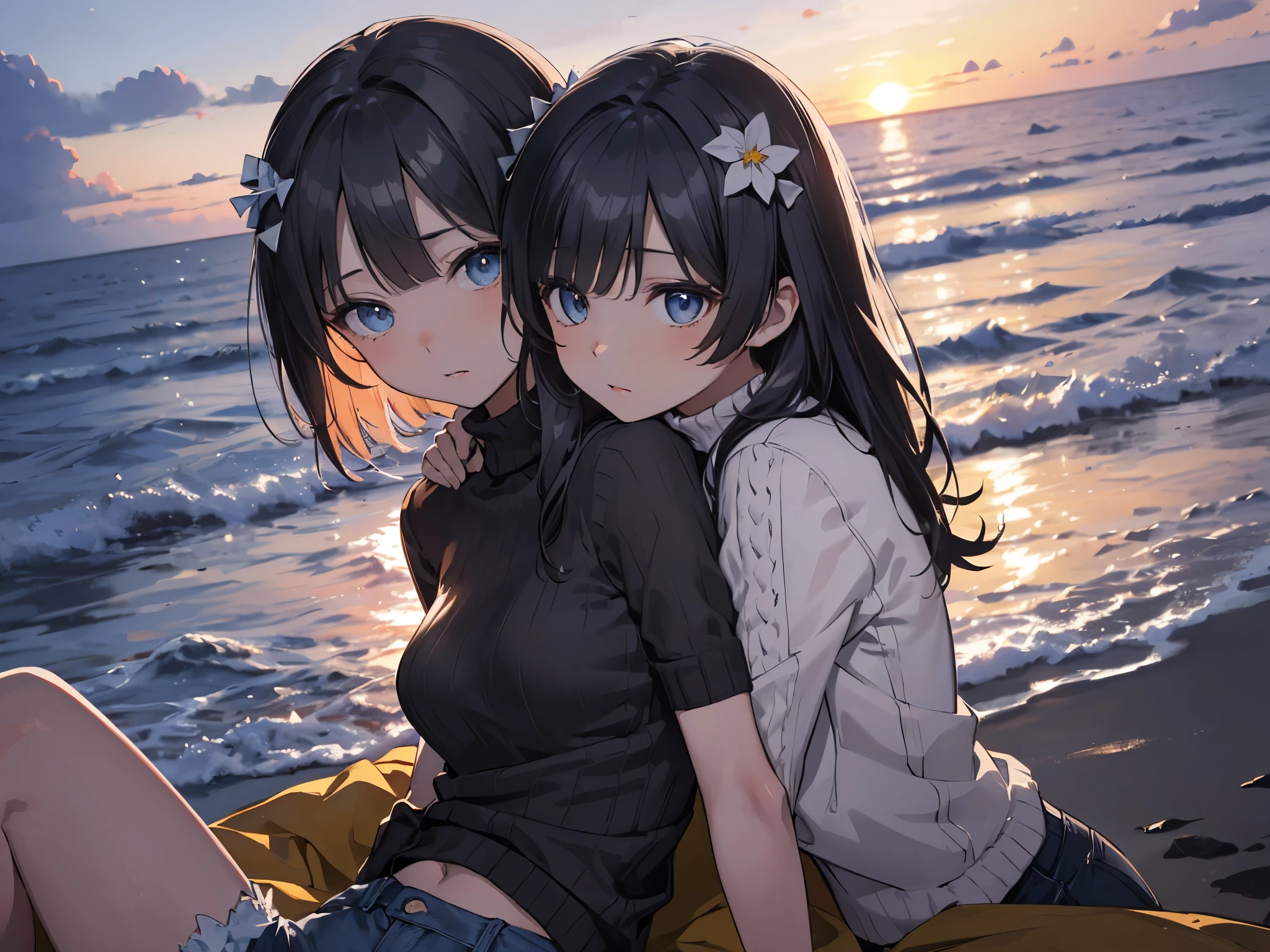 2 people sitting on the beach in the sand with a sunrise in the background one is a boy with blue eyes and black feathered hair he is wearing black ripped jeans and a white shirt next to him is a girl with long brunette hair with blonde highlights and green eyes she is wearing black ripped jean shorts and a red sweater the picture is in a realistic animation