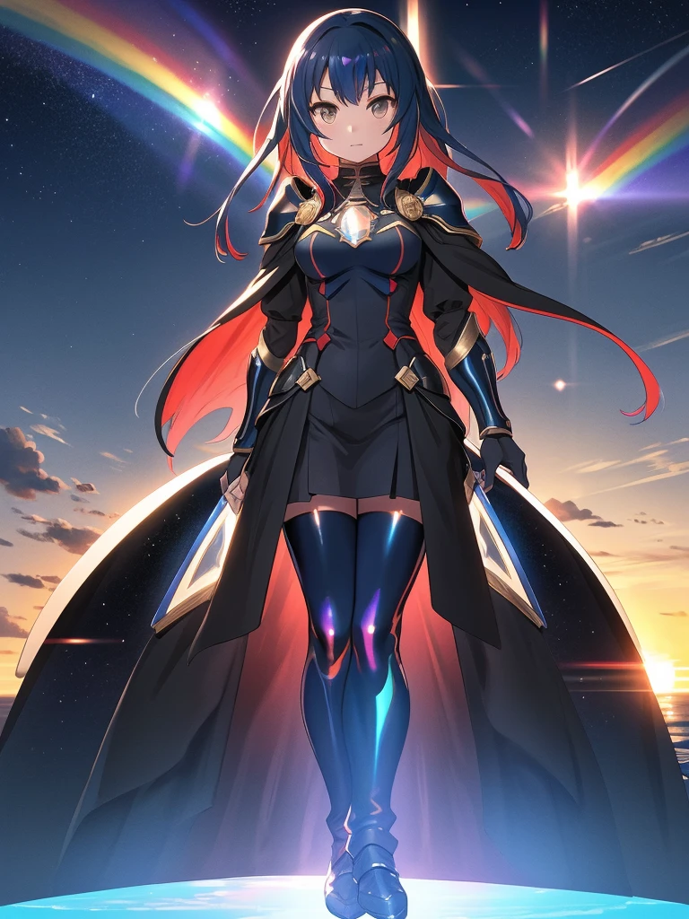 Shadow silhouette,Full body painting、Blue and red contrast、 Edelgard in black armor、nullっぽの街, cloudの上の町、null, Alone, Outdoor,  Building, cloud, milky way,sunset、 Rainbow Brilliant Light 、(( Holographic )),