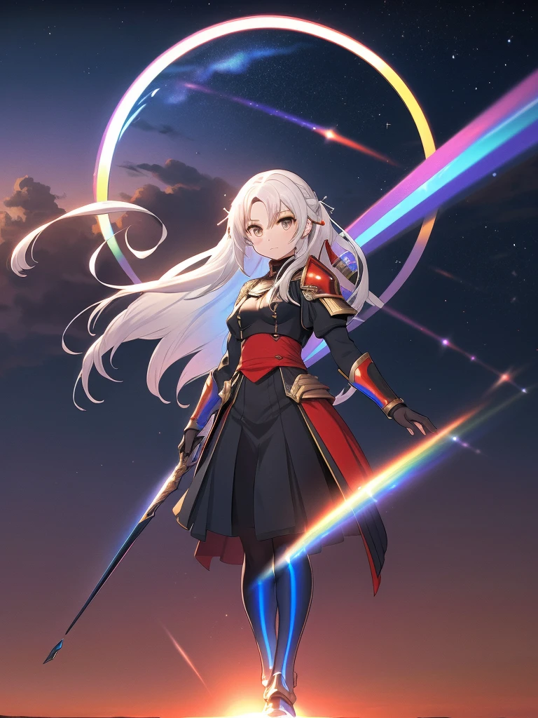 Shadow silhouette,Full body painting、Blue and red contrast、 Edelgard in black armor、nullっぽの街, cloudの上の町、null, Alone, Outdoor,  Building, cloud, milky way,sunset、 Rainbow Brilliant Light 、(( Holographic )),