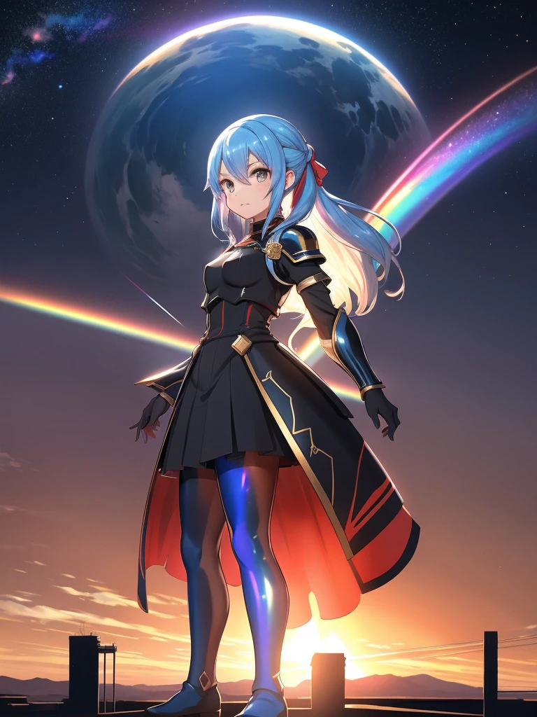 Shadow silhouette,Full body painting、Blue and red contrast、 Edelgard in black armor、nullっぽの街, cloudの上の町、null, Alone, Outdoor,  Building, cloud, milky way,sunset、 Rainbow Brilliant Light 、(( Holographic )),