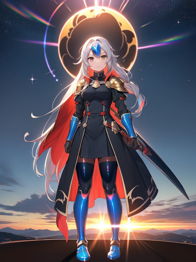 Shadow silhouette,Full body painting、Blue and red contrast、 Edelgard in black armor、nullっぽの街, cloudの上の町、null, Alone, Outdoor,  Building, cloud, milky way,sunset、 Rainbow Brilliant Light 、(( Holographic )),