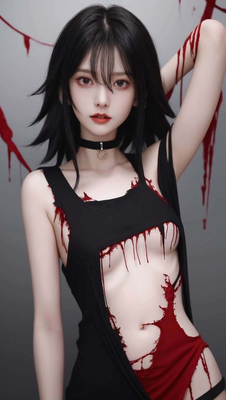 A very pal young girl humanoid 
character, with red eyes, her name is Cassie, 
she is crazy, nuts, with cuts and scraps, horror, 
she is creepy, she is scary, shock value, 
very evil, ill, she is skinny, evoke, fear, terror, 
dread, decay, disgust, she is a Psycho, dark, 
unattractively, unusually thin, thin, scraggly, 
emaciated, twisted, frightening, sick, 
dark background, long black_dress, gore, 
blood, solo, close up, (messy_long_white_hair), 
fog, evil eyes, she is flat, eyes glowing, 
dress fully covers her, she's nut, yelling, 
she's mad, she's furious, 
she's screaming out loud, showing teeth, 
mouth open wide, yelling at the camera, 
fire in the background, rage, sharp teeth, 
bloody mouth, vampire like, flat_chested, holding a sword