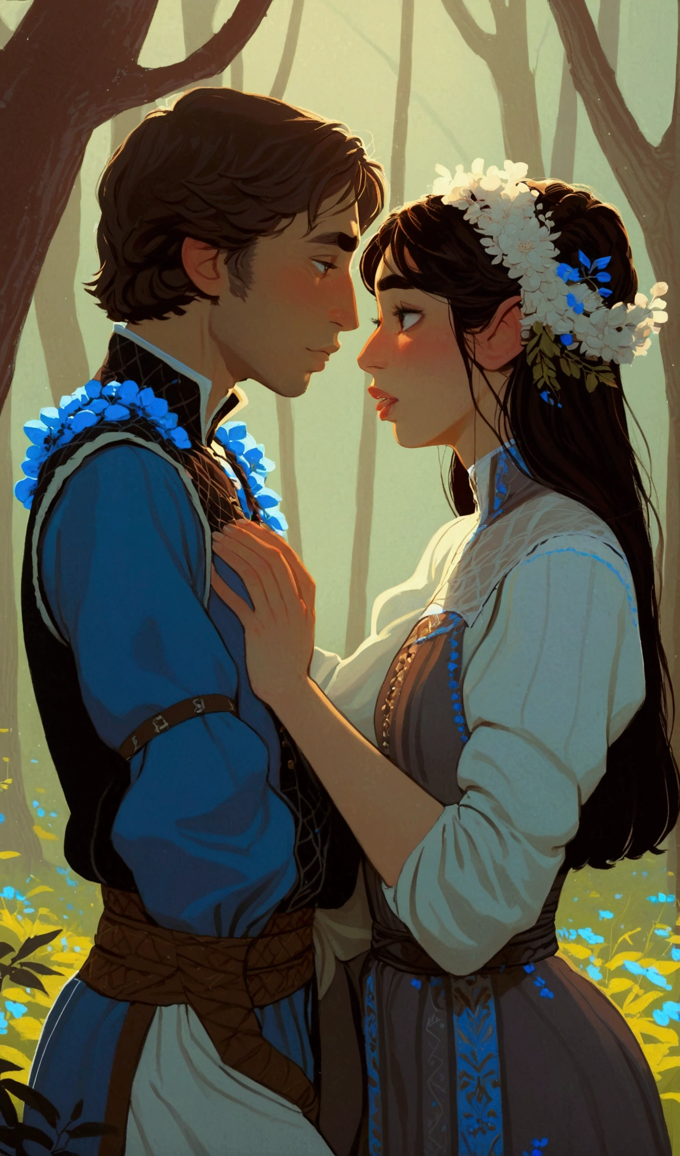 2D ART, hyper detailed gouache painting, realistic features, cartoon, illustration, gougoupaintleaves style:1.2, 1girl wearing a vibrant medieval peasant about to kiss 1boy wearring tunic and leggings, at night, full body shot of a young couple walking together in a dark forest, hyper detailed faces, soft serene expressions, detailed clothing, High-quality illustrations, Trending on artstration, wide angle shot, flat painting, Illustration Art, Ilya Kuvshinov style, The Art of Mathematics ilya kuvshinov, highly detailed, uhd image, intricate details detailed scene background, detailed, 8k, trending, amazing art, score_9, score_8, score_7, a digital painting inspired by Will Barnet, by Magalli Villaneneu, tumblr, Digital Art, incase style, Digital Art