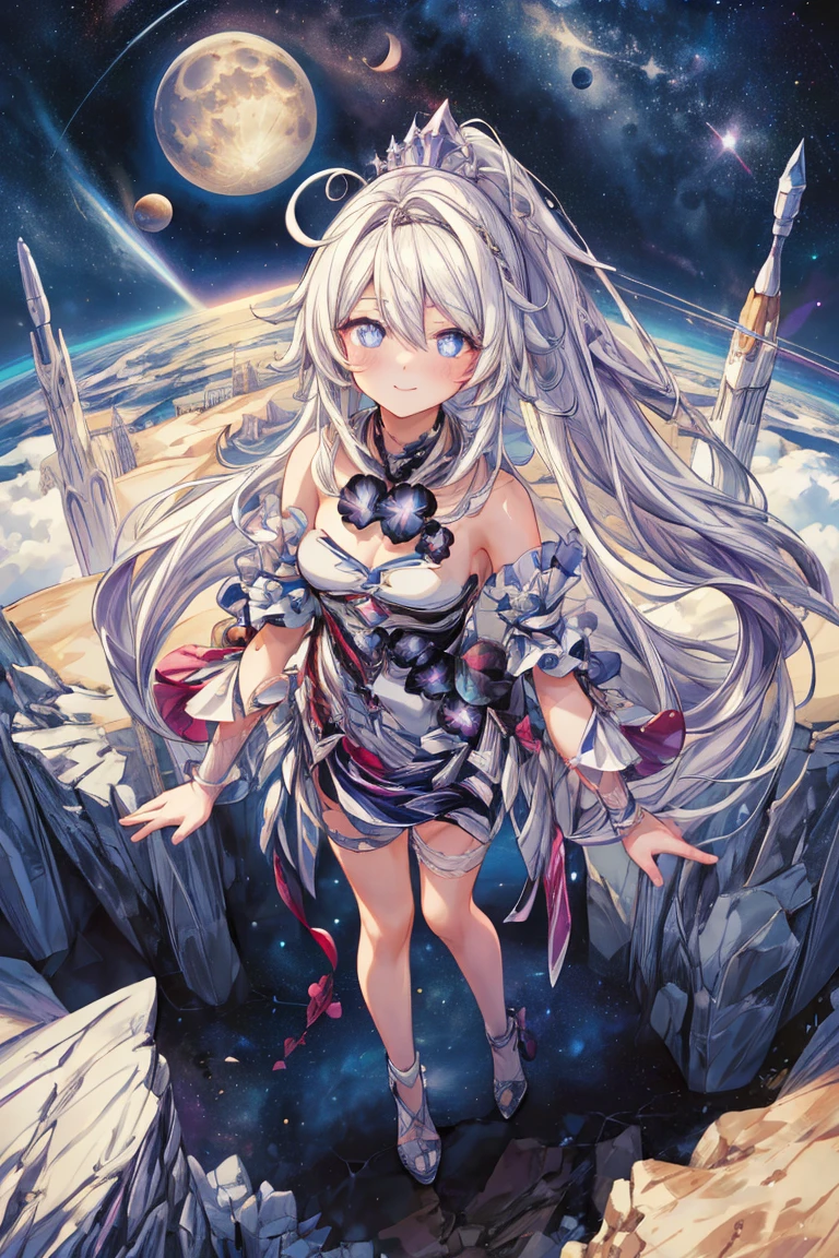 (((masterpiece,best quality,high resolution,hyper detailed,expressive eyes,perfect face,perfect 4fingers,1thumb, fingernail,perfect hands,perfect fingertip))),1girl,solo,teenager,high school student,,kiana_Kaslana(honkai impact3rd),((white hair)),very long hair,(ponytail hair style),((hairs between eyes)),((ahoge)),full body,(standing),(from above),seductive smile,blush,(arms behind head),looking at view,looking up,earth_(planet),moon_(planet),(starry sky),(space),(strappy_heels)