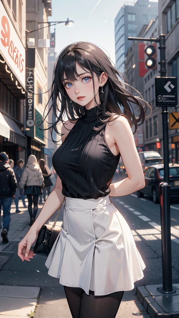 ((masterpiece))、(top-quality)、(detaileds)、(1girl)、blue hairs、Blue glowing eyes、Upstyle、white shirt、a black skirt、looking down to viewer、huge tit、Clean thighs、She's standing in the lens is looking upskirt at her . She's holding her breasts and a nipple is slipping out of her shirt. You can see her a little bit upskirt. is visible