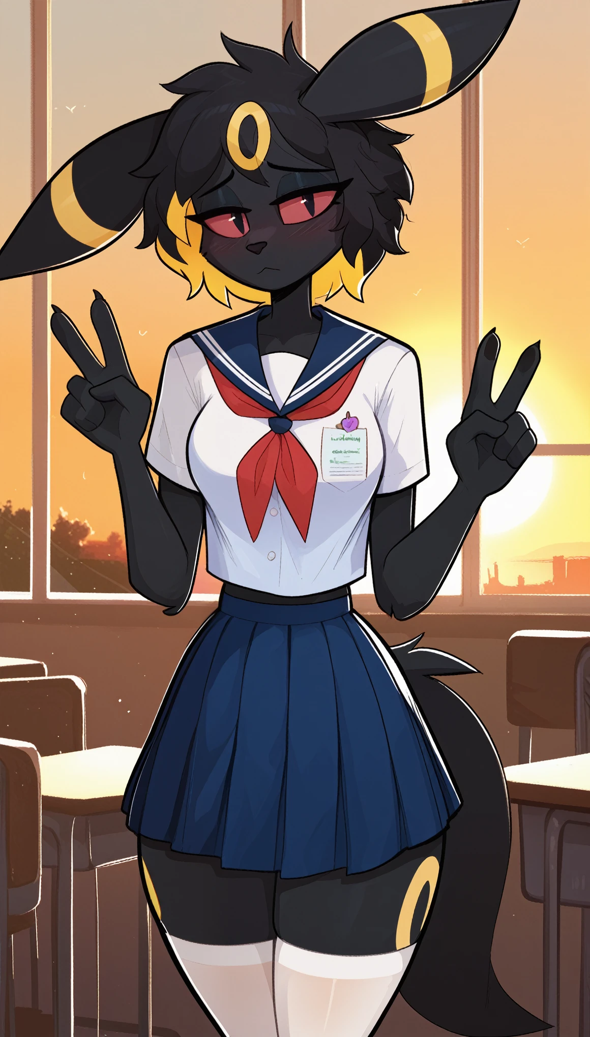 Very shy expression, 1girl, anthro, furry, fur, fluffy fur, umbreon girl, black hair (yellow highlights), short hair, messy hair, (18 years), black eyes, red sclera, medium breast, thicc thighs, (classroom), (sunset), (school uniform, blue skirt, white thighhighs), half-closed eyes, detailed, trying to not look at the viewer, (shy, tímid), peace sign on both hands, (kilinah), score_9, score_8_up, score_7_up, score_6_up, score_5_up, score_4_up
