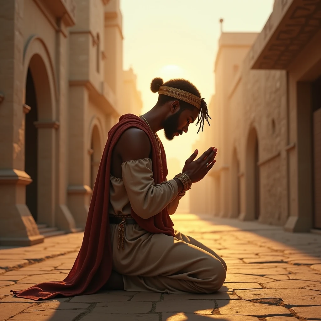 Animated image of a black-haired Muslim man wearing a white turban with a large body praying and crying in front of the Kaaba. 