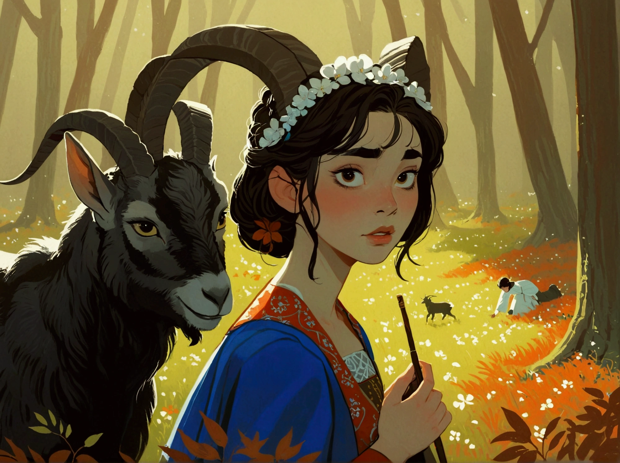 2D ART, hyper detailed gouache painting, realistic features, cartoon, illustration, gougoupaintleaves style:1.2, 1girl wearing a vibrant medieval peasant dress  observing a black horned goat in a dark forest, hyper detailed faces, soft serene expressions, detailed clothing, High-quality illustrations, Trending on artstration, wide angle shot, flat painting, Illustration Art, Ilya Kuvshinov style, The Art of Mathematics ilya kuvshinov, highly detailed, uhd image, intricate details detailed scene background, detailed, 8k, trending, amazing art, score_9, score_8, score_7, a digital painting inspired by Will Barnet, by Magalli Villaneneu, tumblr, Digital Art, incase style, Digital Art