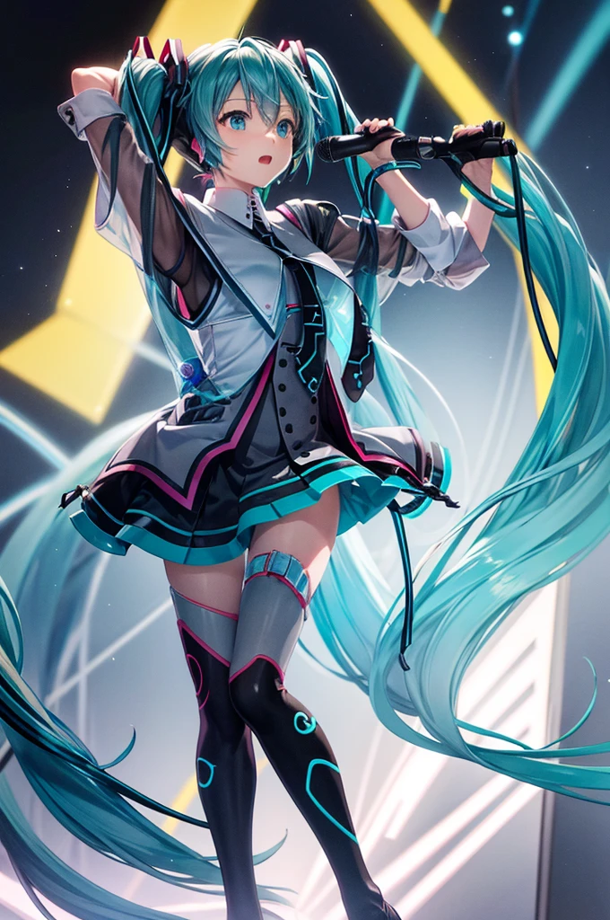 Miku Hatsune,Scene. bright light. poet.  microphone in hand . 