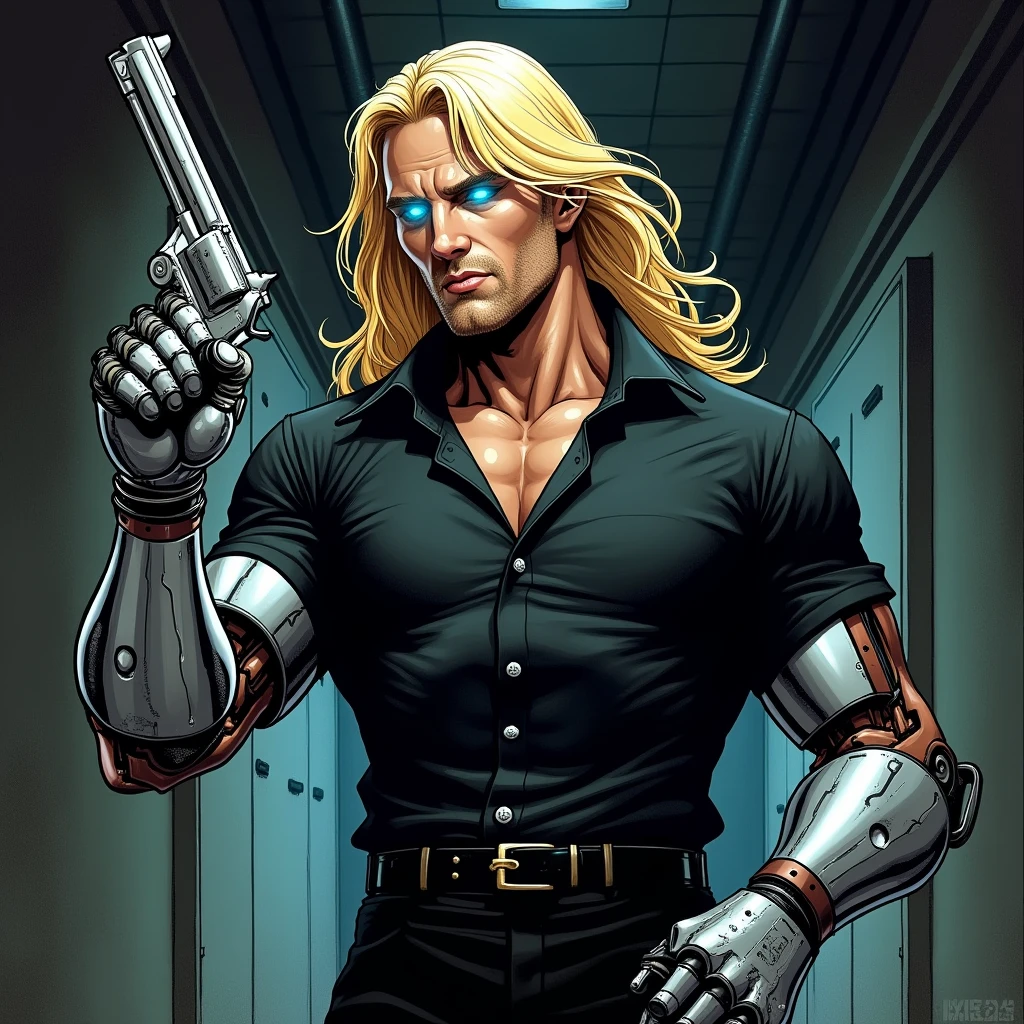An adult male with blond hair and blue eyes wearing a black SWAT suit.