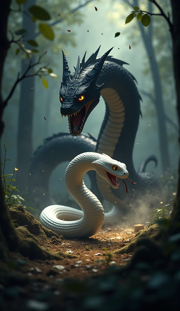 Prompt 1:
Create a Disney Pixar style action-packed wide-angle shot of a large white cobra and a giant black serpent battling fiercely in a shadowy forest clearing. The white cobra is placed mid-frame, striking toward the black serpent, which is recoiling. The point of view is low and angled upward, capturing the dramatic fight, and the lighting should be high-contrast with flashes of light illuminating the struggle. The mood of the scene is intense and heroic. Ensure the background shows disturbed leaves, flying debris, and scattered shadows.Prompt 2:
Create a Disney Pixar style medium shot of a majestic white cobra coiling around and overpowering a sinister black serpent in a dark forest. The white cobra is placed in the foreground, glowing softly, while the black serpent is retreating into the shadows. The point of view is slightly above and angled toward the serpents, and the lighting should be dramatic with a faint golden glow around the white cobra. The mood of the scene is trium