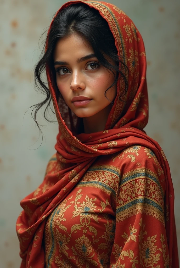 A woman wearing a red blouse and a light blue saree with a green bangle was staring at me
