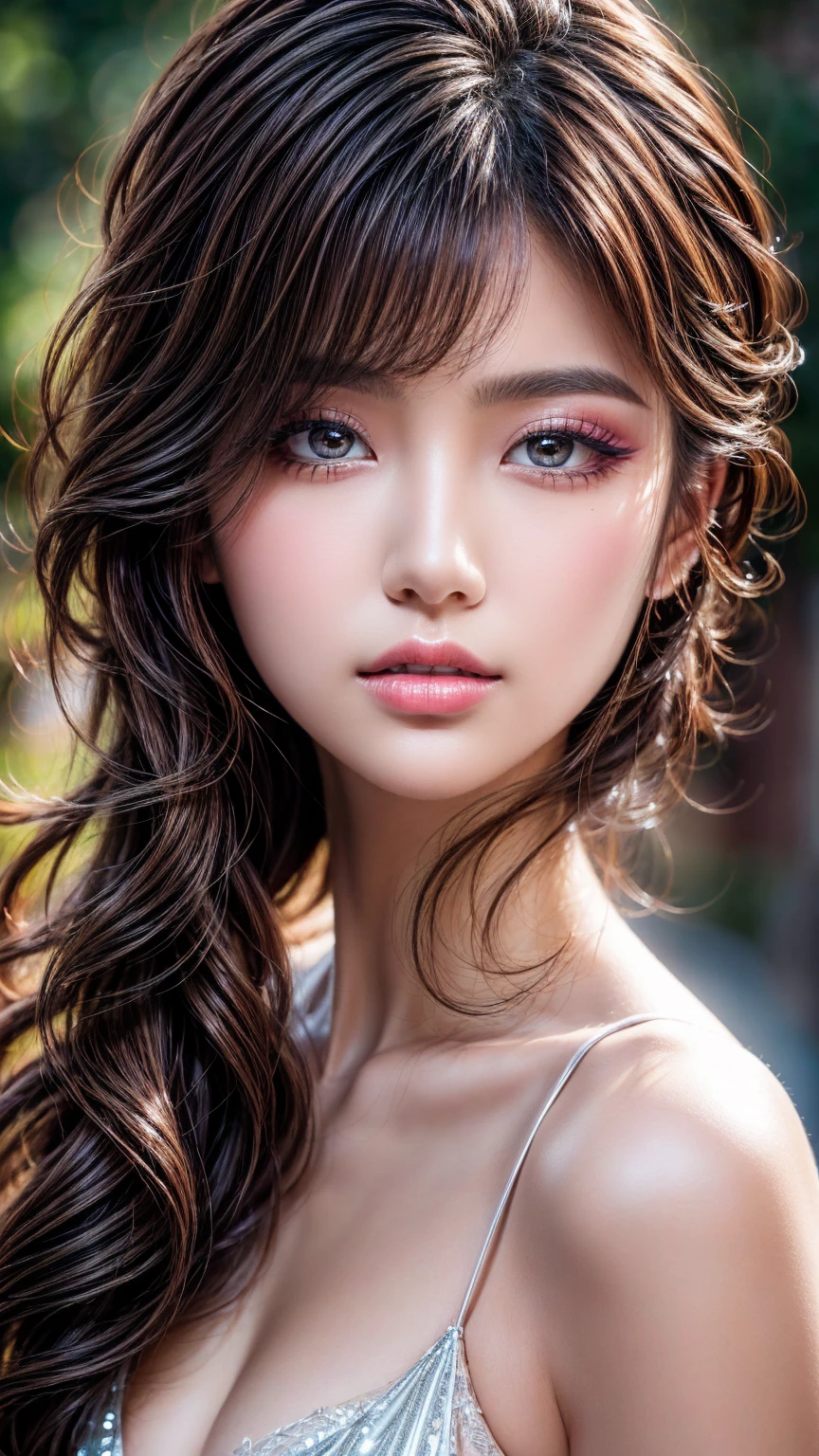 Realistic (photorealistic Realism), (high resolution), (intricately detailed digital art), (ultra realistic texture details: velvety skin, hair), (ultra quality), professional photography, (glamour shot of Japanese woman:1.3), (intricately detailed realistic brown_eyes), (droopy eyes:1.3), BREAK detailed lips:1.3,red_lipstick:1.25,pink_makeup:1.2, (perfect dark_eyeshadows:1.35),(super detailed makeup on eyes:1.2), with professional makeup, vibrant eyes:1.2,, Thin eyebrows, Carefully draw eyelashes, Eyelash extensions, Gal Makeup, unbelievably irrational,Depth of written boundary 1.2,Glitter Effect, Beautiful Shiny Lips , tree々Sunlight passing through ,pink fluffy costume, bun hair,( Light Blue Hair ,Sharp Bob, With bangs),((cowboy shot))