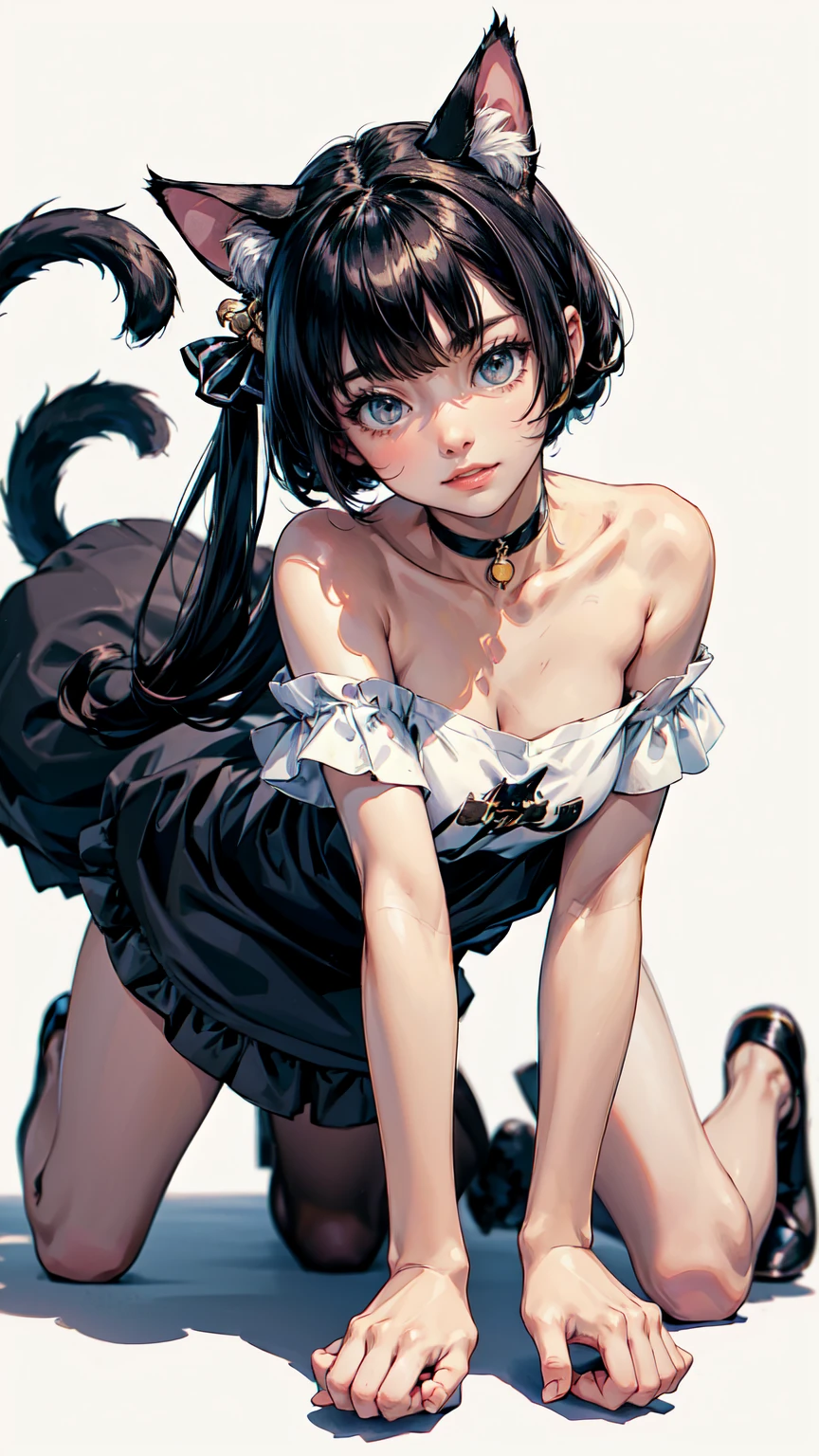 (highest quality, masterpiece, High resolution)、(anime art)、cinematic light、soft light、two girls、black hair、Black cat costume、White Cat Costume、Tabby cat costume、Striped cat costume、Persian Cat Costume、(3-color cat costume)、(loose t-shirt)、loose shirt、off shoulder、sexy mini dress、(Cat ear)、bob cut、semi-long、bun hair、hair ornaments、choker、Cute face details、enchanting smile、small breasts、whole body、(cat pose)、((crawl on all fours))、beckoning、playing、dance、Cat jarashi、Crackers popping、 Decoration、((white background))、
, detailed eyes, detailed hands, detailed face