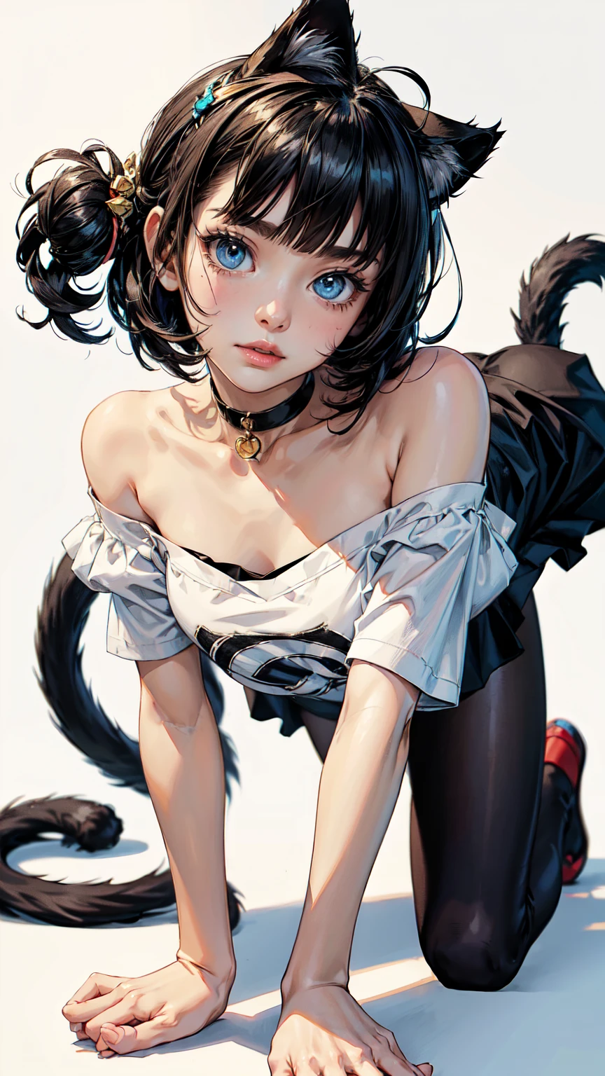 Upper body close-up ·,A cat and a girl with short black hair,Cute and agile