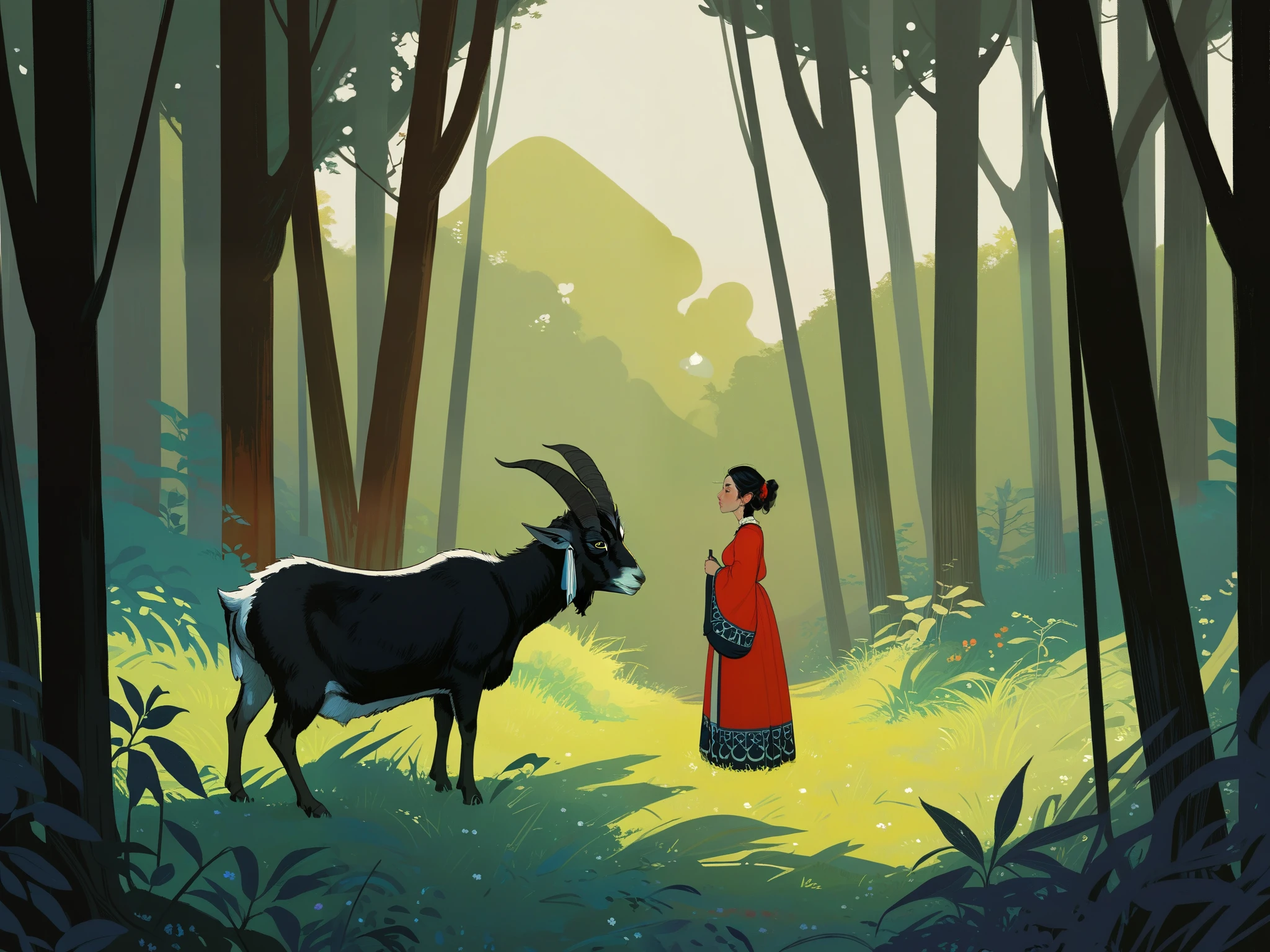 2D ART, hyper detailed gouache painting, realistic features, cartoon, illustration, gougoupaintleaves style:1.2, 1girl wearing a vibrant medieval peasant dress  observing a black horned goat in a dark forest, hyper detailed faces, soft serene expressions, detailed clothing, High-quality illustrations, Trending on artstration, wide angle shot, flat painting, Illustration Art, Ilya Kuvshinov style, The Art of Mathematics ilya kuvshinov, highly detailed, uhd image, intricate details detailed scene background, detailed, 8k, trending, amazing art, score_9, score_8, score_7, a digital painting inspired by Will Barnet, by Magalli Villaneneu, tumblr, Digital Art, incase style, Digital Art