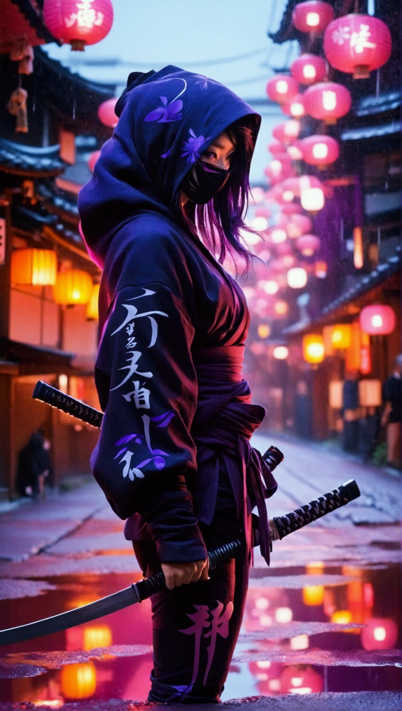 8k,masterpiece,best quality,when no one is around,a female ninja wearing a stylish and cute ninja hoodie Geisha style showing off cleavage,  one eye covered with a black cloth like an eyepatch, stands alone with dark violet aura, now just ready to start running after landing, holding a sword in one hand and a large, shining shuriken in the other. Behind her, a simple sign of a futuristic Japanese neon that shines in pink and purple is reflected in a puddle., Mid night Kyoto in Japan, There is no one around.,A dynamic posture as she bend over after landing and about to start running