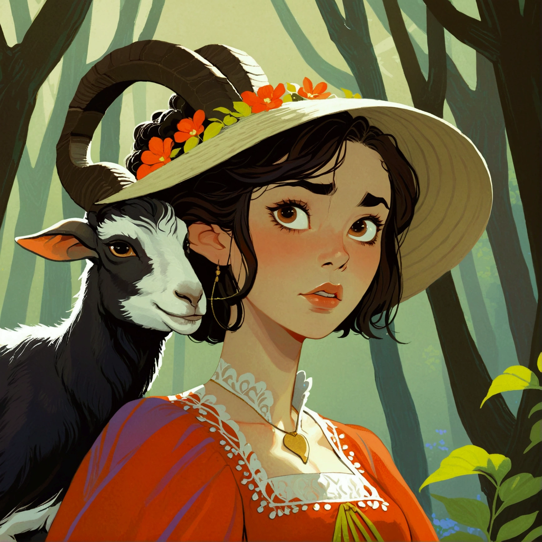 2D ART, hyper detailed gouache painting, realistic features, cartoon, illustration, gougoupaintleaves style:1.2, 1girl wearing a vibrant medieval peasant dress  observing a black horned goat in a dark forest, hyper detailed faces, soft serene expressions, detailed clothing, High-quality illustrations, Trending on artstration, wide angle shot, flat painting, Illustration Art, Ilya Kuvshinov style, The Art of Mathematics ilya kuvshinov, highly detailed, uhd image, intricate details detailed scene background, detailed, 8k, trending, amazing art, score_9, score_8, score_7, a digital painting inspired by Will Barnet, by Magalli Villaneneu, tumblr, Digital Art, incase style, Digital Art