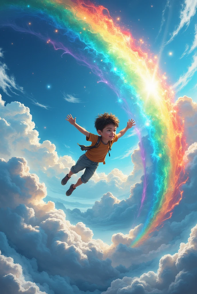 1boy, Boy flying up the sky with the rainbow next 々 and skies,  A boy who uses a rainbow as a scaffolding to rise through the sky , (((UHD, masterpiece, best quality, highres icon, 16k, wallpaper)))