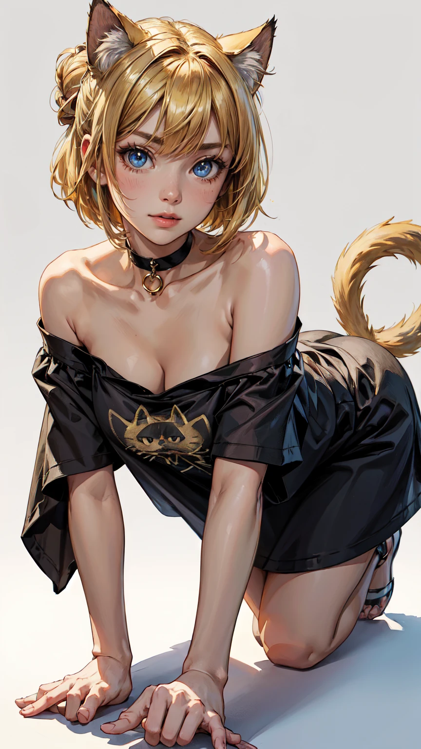 cute girl, Short blonde hair, Cat ears, cat tail,