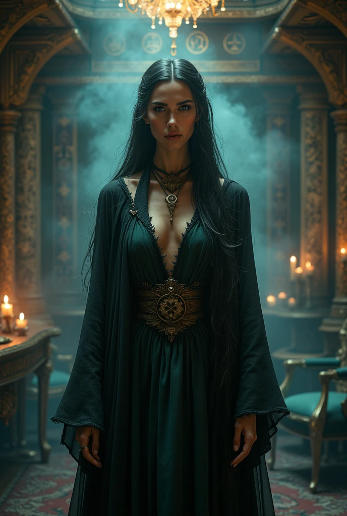 A beautiful European female sorceress, long black hair, medium breasts, perfect body, D&D aesthetic, high detail plunging revealing magical robe, cleavage, high detail face, high detail skin, inside a wizard's tower, wreathed in magic, 8k, HDR, high resolution, photo-realistic, cinematic lighting, depth of field, bokeh, rim lighting, backlit, cool colours, night, looking at the viewer