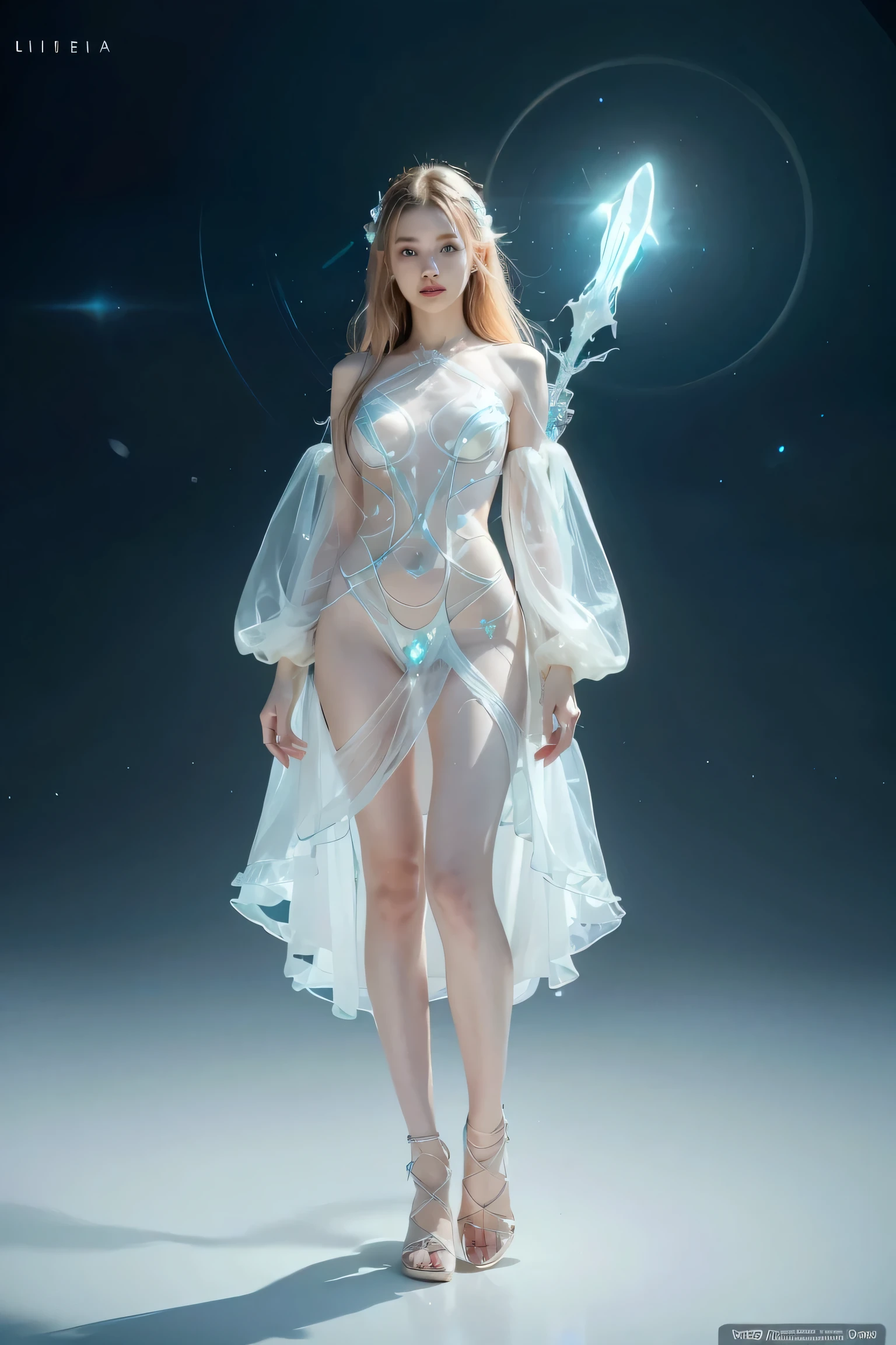 Translucent ethereal alien warrior，Photoshoot, (Extremely detailed CG unified 8k wallpapers),  beauty of abstract styling,， Surrealism , 8k,  extreme resolution,  best quality ,  Award Winning ,  anatomically correct ,  , almost nude airy dress , Full body fake , 16k,  extreme resolution