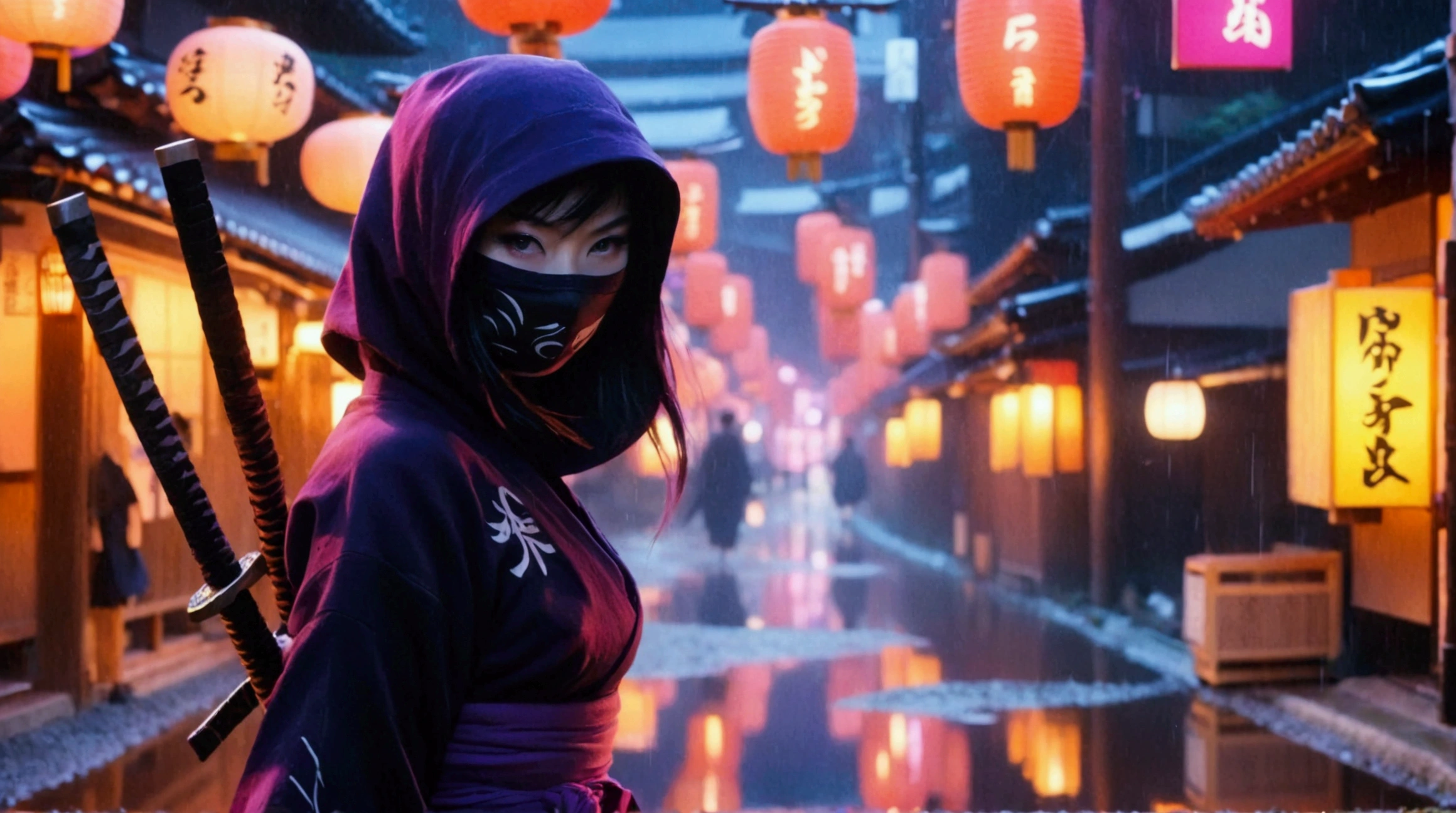 8k,masterpiece,best quality,when no one is around,a female ninja wearing a stylish and cute ninja hoodie Geisha style showing off cleavage,  one eye covered with a black cloth like an eyepatch, stands alone with dark violet aura, now just ready to start running after landing, holding a sword in one hand and a large, shining shuriken in the other. Behind her, a simple sign of a futuristic Japanese neon that shines in pink and purple is reflected in a puddle., Mid night Kyoto in Japan, There is no one around.,A dynamic posture as she bend over after landing and about to start running