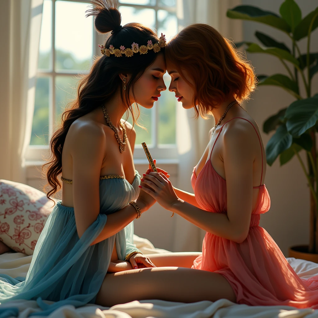 two girl kissing,,(bright lighting,romantic setting),dreamy background,,dark hair, mesmerizing gaze, , soft skin, alluring beauty, artistic portrait, high-quality image, vibrant colors,translucent long silk gown, mosquito net, lying down, romantic bedroom,bondage 