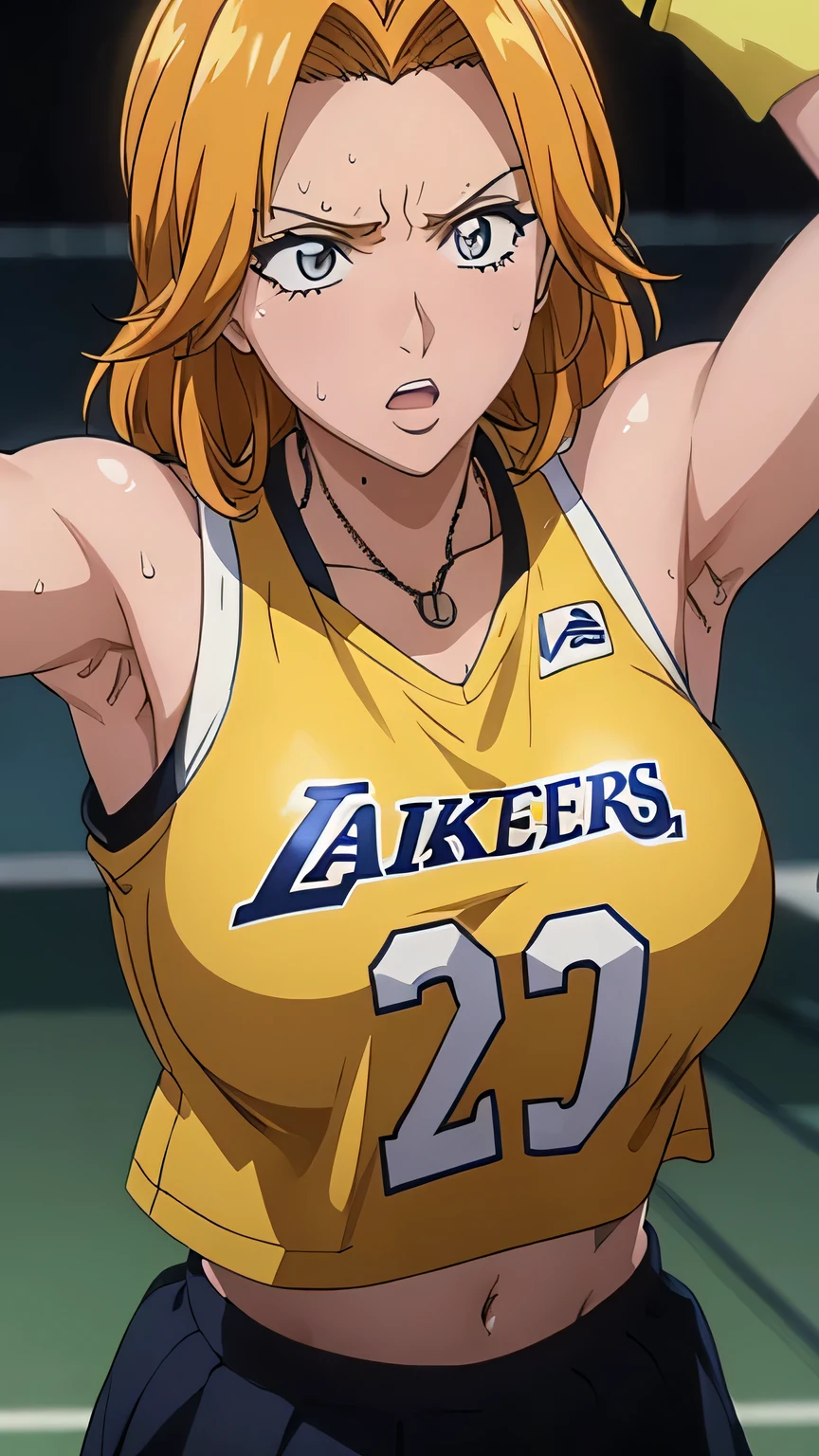 a close up of a person wearing a basketball uniform, a picture, inspired by Kentaro Miura, trending on pixiv, Rangiku Matsumoto, Bleach, wearing yellow nba jersey, yellow croptop nba jersey, wearing a low cut croptop, wearing croptop, croptop, the words "Lakers" written on the croptop, golden raito, (winking), shirobako, large)}], favorite scene, fine details. anime. skins, sweating, big breasts, both hands raised, armpits, armpits visible, dripping with sweat, more more sweat, sweaty armpits