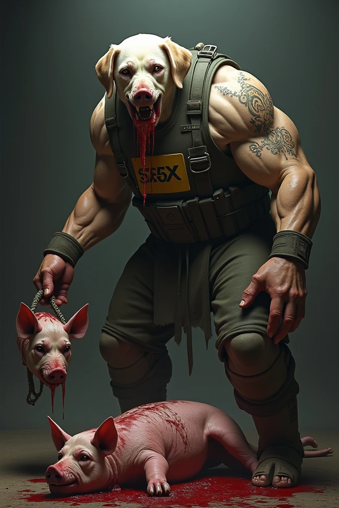 Browsing Caution。Super muscular boar beastman。Blindfold。A desperate and painful look。Mouth wide open。Licking the semen that erupts from a huge, red-black erect penis。