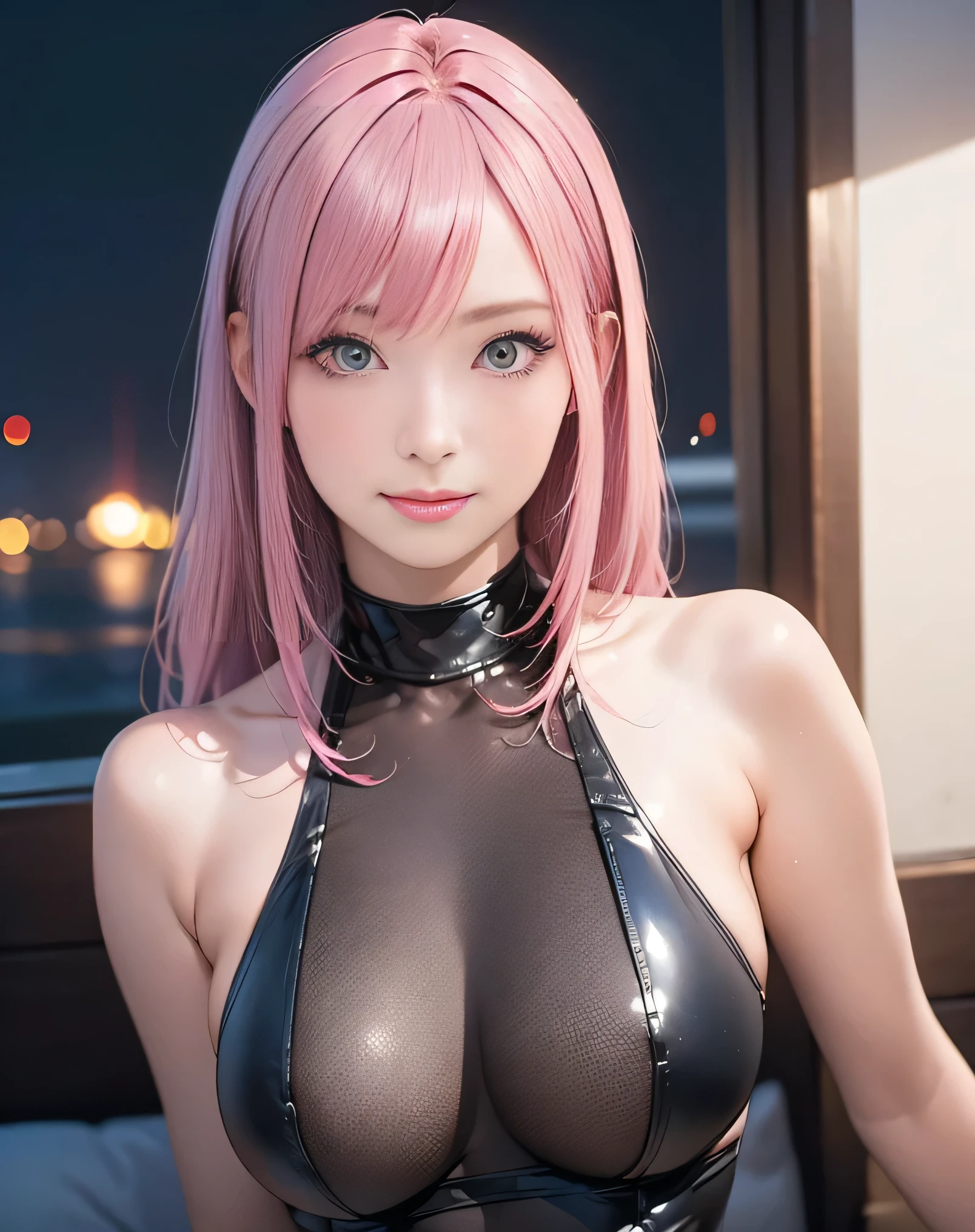 (Realistic:1.8),(High resolution:1.6),(1 girl:1.5),(solo:1.5),(Cool woman:1.2),(small face),(look at viewer:1.2),(pink hair:1.2),(long hair),(bangs:1.3),(slender),(large saggy breasts:1.5),(dark City:1.3),(Full moon night),(large eyes),(Accurate Eyes:1.8),(skin tight:1.5),(sexy:1.5),(Flashy clothes:1.2),(lewdness),(party girl:1.5),(Blushing),smile:1.3,full of confidence,