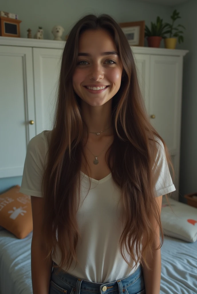 https://.seaart.ai/explore/detail/cm1k3gde878c73ci32n0 hyper realistic, freckles, beautiful brunette smiling, long hair, half body