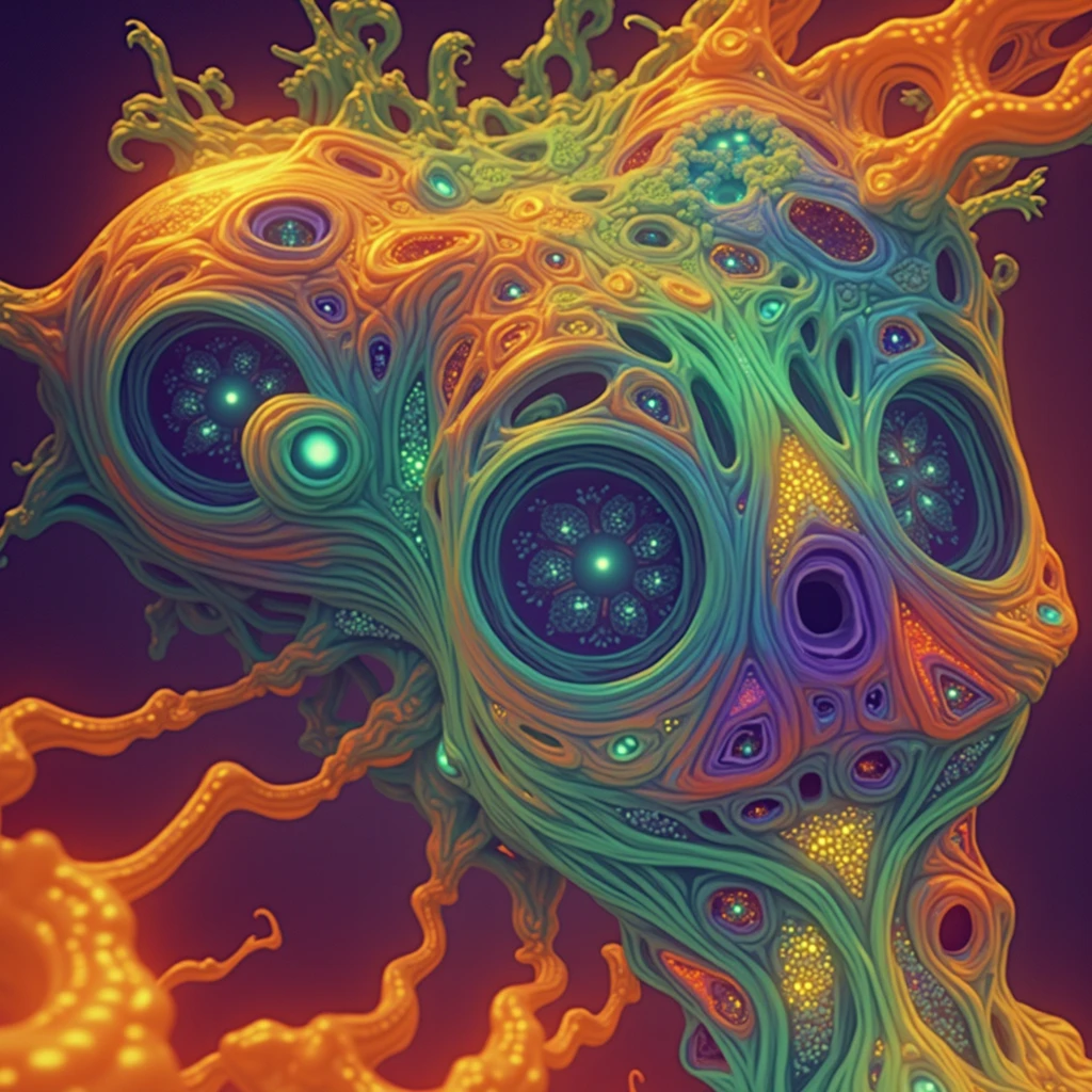 impossibly beautiful portrait of alien shapeshifter entity, insane smile, intricate complexity, surreal horror, inverted neon rainbow drip paint, photoreal, octane render by greg rutkowski, Jim Mahfood, Portrait, Glass seashell filled with bioluminescent seaweed, designed by greg manchess, glowing opal, insanely detailed, seashell with intricate filigree pattern
