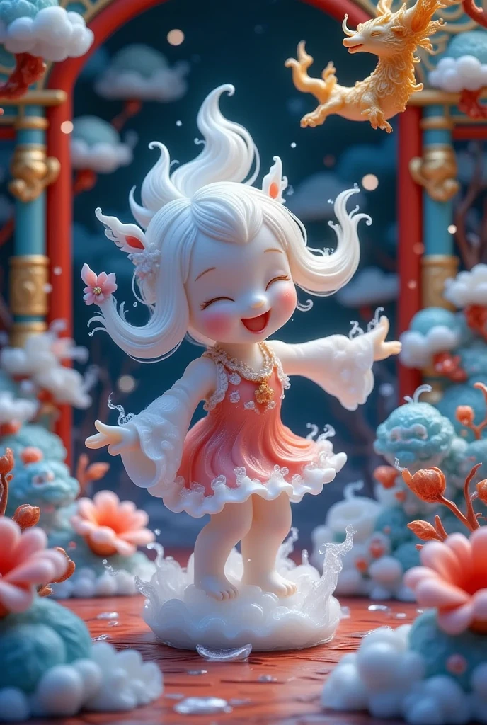 Chibi style girl, playful expression, bending over, laughing, Baroque style, Chinese three-dimensional, high saturation, bright colors, colorful and vibrant,