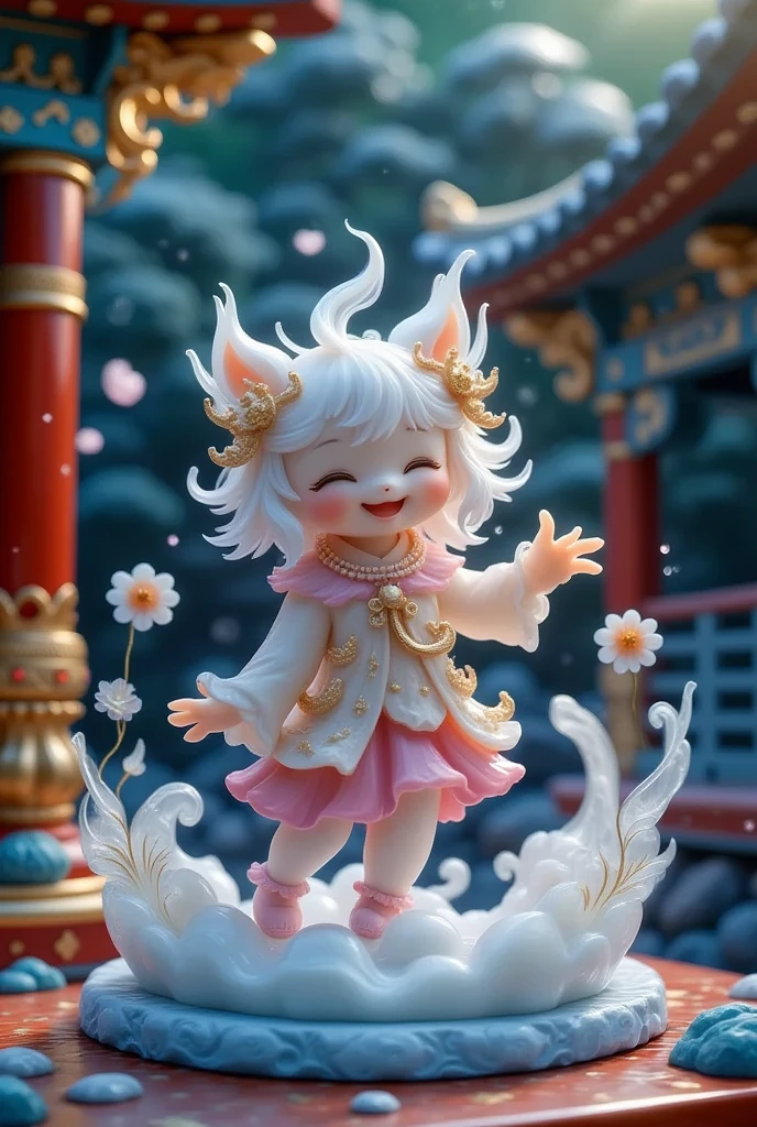 Chibi style girl, playful expression, bending over, laughing, Baroque style, Chinese three-dimensional, high saturation, bright colors, colorful and vibrant,