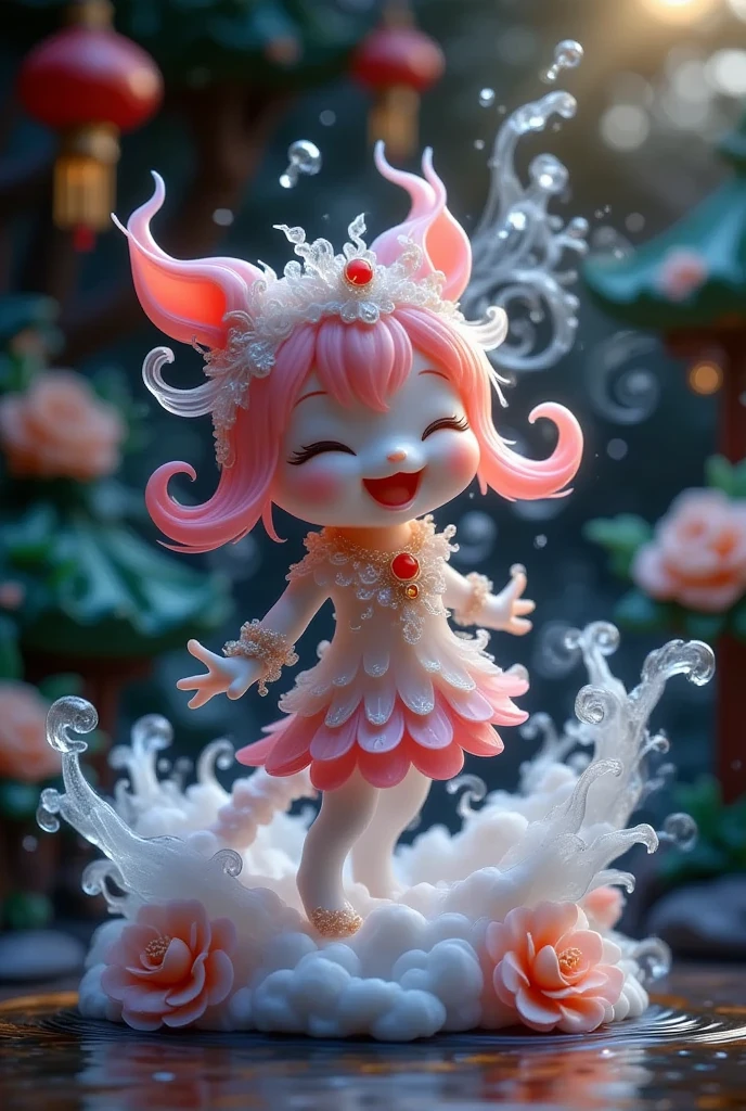 Chibi style girl, playful expression, bending over, laughing, Baroque style, Chinese three-dimensional, high saturation, bright colors, colorful and vibrant,