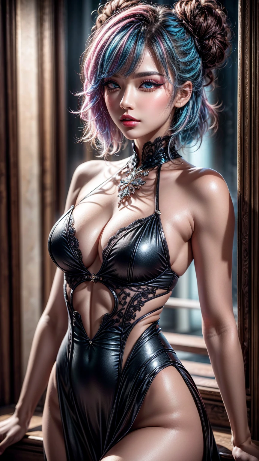 Kafka,perfect, perfect hands, perfect fingers, perfect anatomy, beautiful, artwork, highly detailed, professional, high quality, a girl, thin, Kafka_Honkai Star Rail, sexy, provocative, erotic, long hair, bright blue eyes, lascivious look, small breasts, scantily clad, semi naked, sexy pose , sexy frilly lace leotard, gradient black background