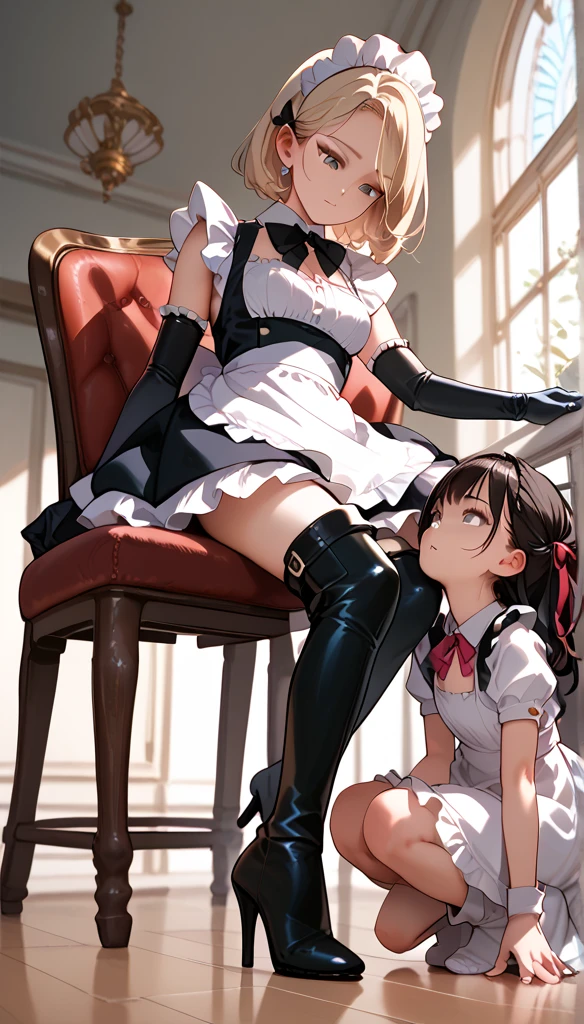 Anime Women, Maid seated on a chair, thigh boots, elbow gloves, raised leg, Stomping of feet on face, step on face, looking down, throw