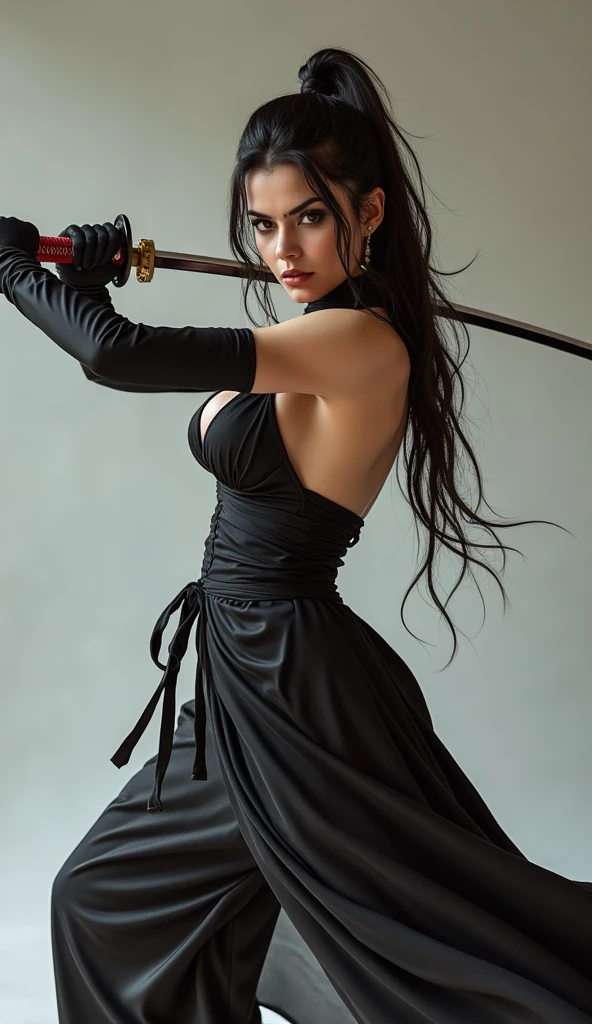 Woman.black hair.brown eyes.long black dress.two swords