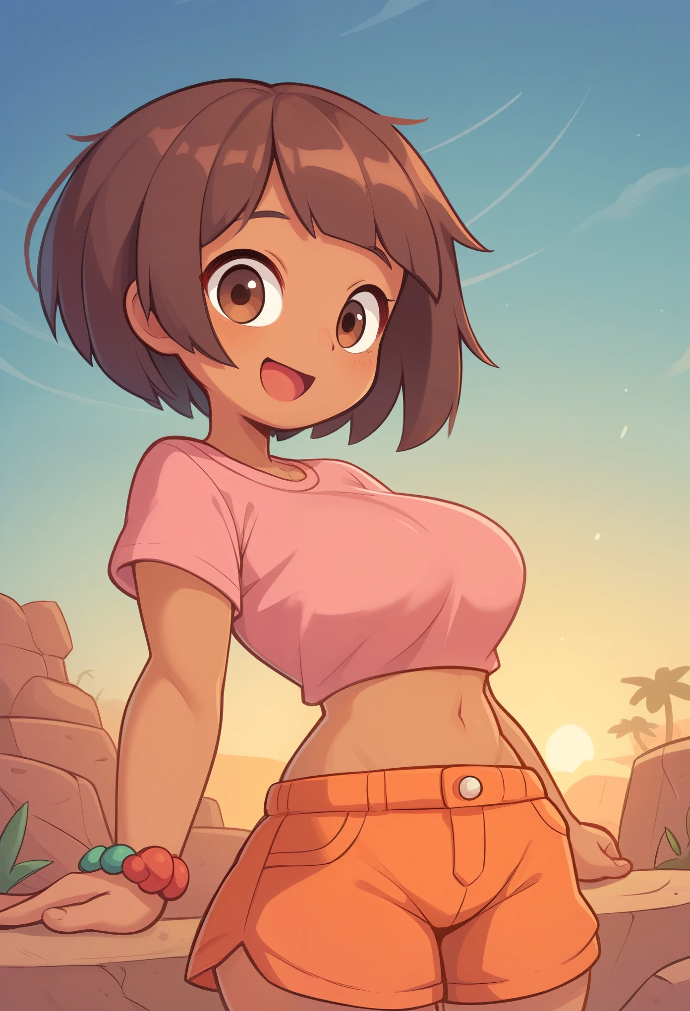 Young teenager, (solo 0.6), dark brown hair, bob cut hair, puffy hair, big hair, bangs, dark tan skin, Latina girl, brown eyes, desert ruins, sunset, pink t shirt, orange shorts, bead bracelet, open mouth smile, huge breasts, bare midriff, slender body, thin waist, cute,