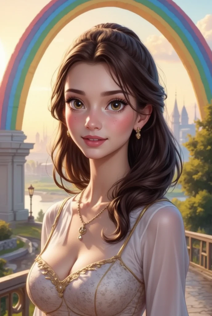 a girl under Rainbow Bridge, 1girl, beautiful detailed eyes, beautiful detailed lips, extremely detailed face and features, long eyelashes, elegant dress, standing on a bridge, rainbow in background, sunlight shining, vibrant colors, realistic, photorealistic, photo-realistic:1.37, best quality, 8k, masterpiece:1.2, ultra-detailed, studio lighting, vivid colors