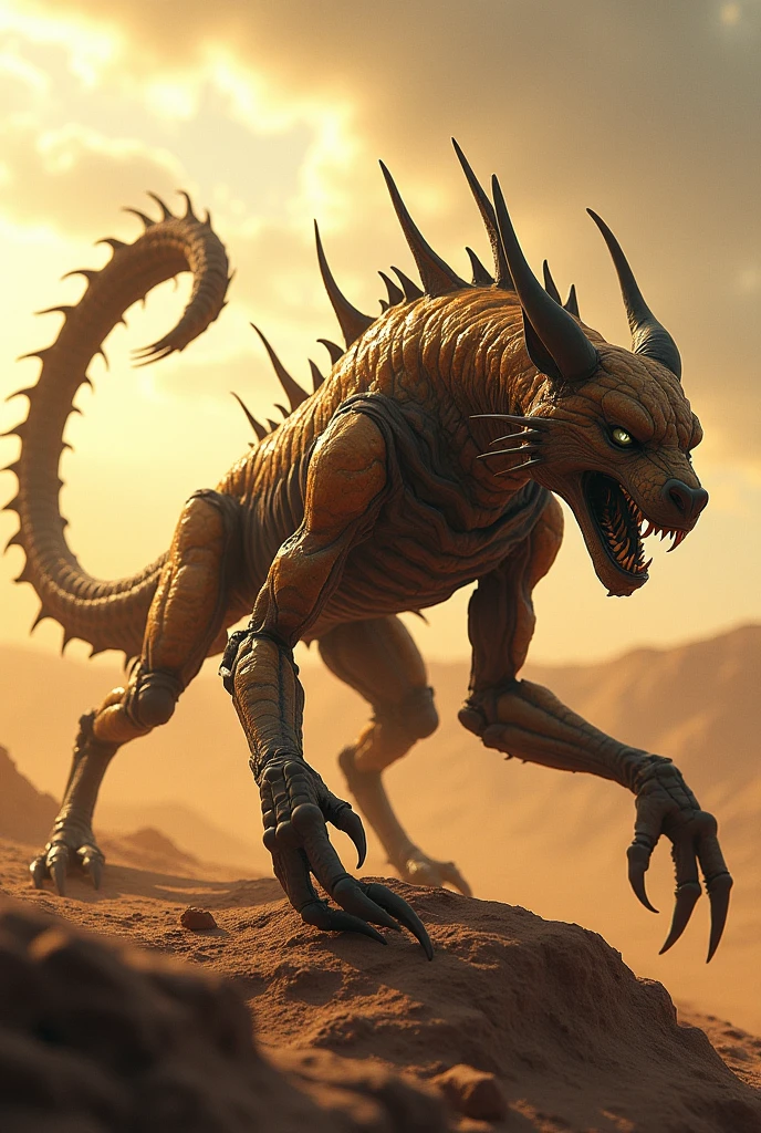 A hybrid of a scorpion and a cheetah, poised on a rocky outcrop in the desert. Its body is sleek and fast like a scorpion, but with a long, menacing cheetah tail that flicks back and forth. Its eyes are cold and calculating, and its posture exudes readiness for battle. The harsh desert sun casts long shadows, and the air feels tense with anticipation."