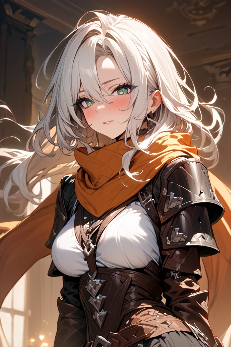 woman,  long white hair, Leather Armor, mantel, scarf, ( masterpiece), ( best quality ), ( ultra detailed )