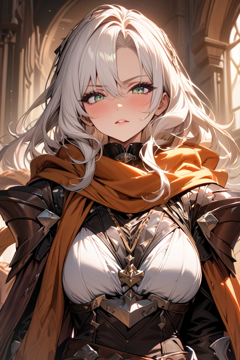 woman,  long white hair, confident, Leather Armor, mantel, scarf, ( masterpiece), ( best quality ), ( ultra detailed )