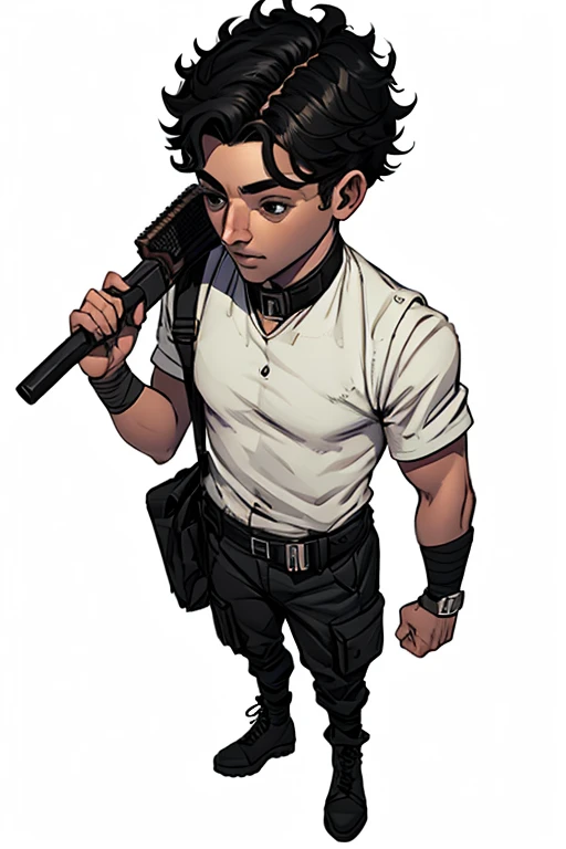  RPG character , I want a character with a white background, png,  I want a male teenager ,  who is  ,  with short curly black hair ,  with black eyes half fleshy mouth , with a half oval face , black blouse, black cargo pants,  with a hand bandaged with a bandage, holding a glock