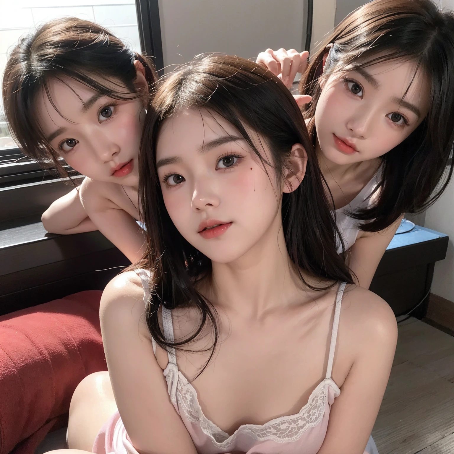masterpiece, better quality, High resolution, ((photorealistic:1.4, Live shooting, 超High resolution,Highest image quality: 1.4)), ((Do not split)),((whole body:1.8)), beautiful detailed eyes, natural color lip, ((A big smile:1.5)), ((Random and cute curly hair)), ((大から中までのランダムなchestのサイズ:1.3)), ((underwear:1.6)),((Camisole-wearing:1.6)),((Random Lightwear:1.2)),((chest、arm under glasses:0.9)), ((peek from below)), ((sports warehouse)), ((Random and cute expressions)),, ((3 girls、Three people standing side by side:1.5)) Highly detailed and professional lighting、 ((Random and cute expressions:1.5))、 ((Waki Display:1.5))、 ((I'm showing off my waki:1.5))、 ((I can see my thighs:1.5))