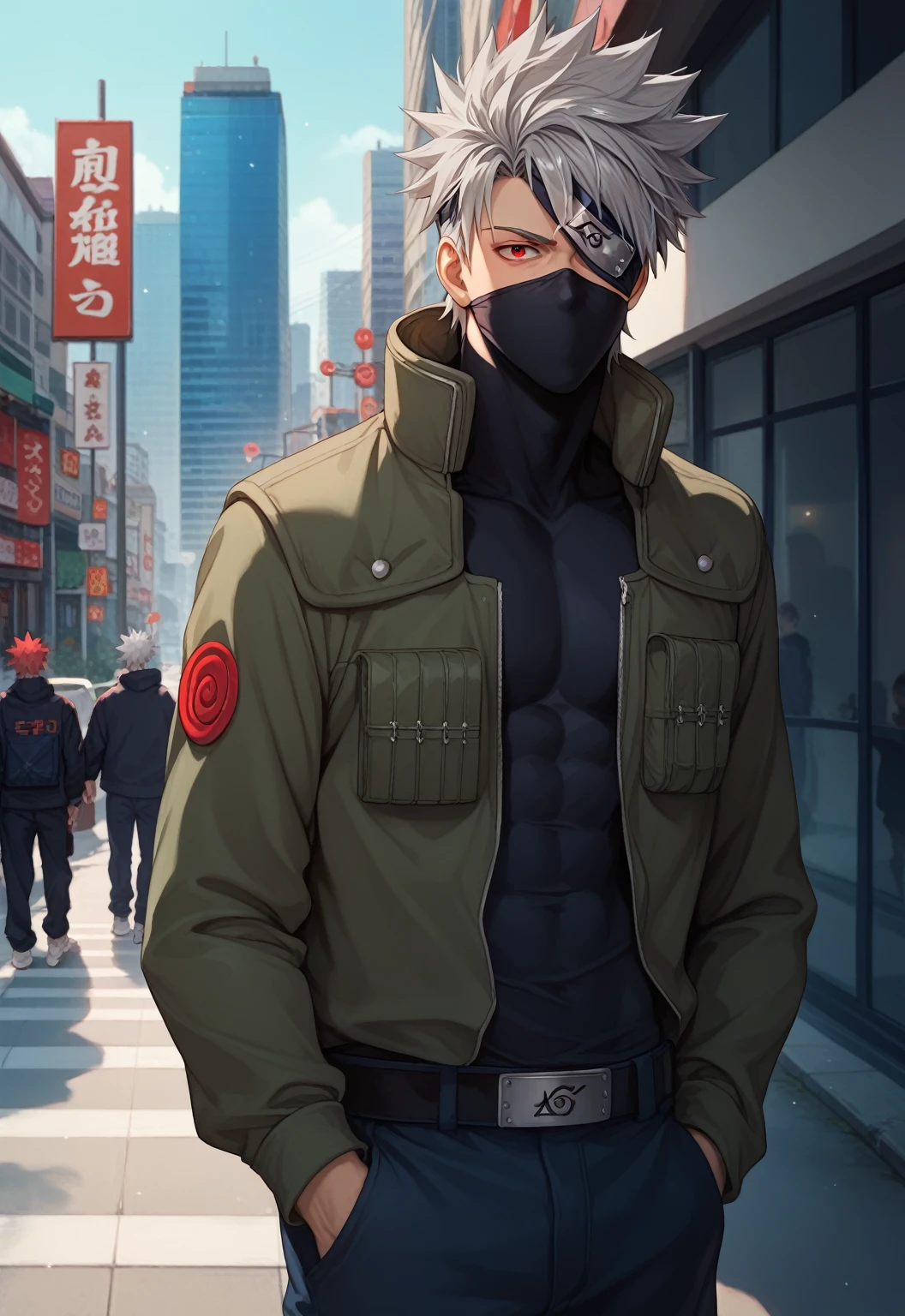 masterpiece,  Best Quality ,  8k, Sharingan, chidori, 1 boy, Kakashi,   gray hair , covered mouth,  mouth mask ,  red eye , scar on the eye, Protetor de testa, (urban clothing:1.2), y2k style,  full body 