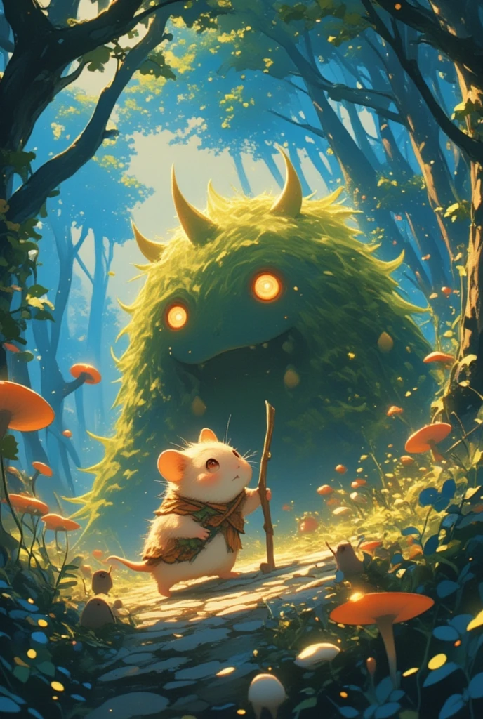 (A super cute hamster is making his way through a deep and mysterious magical forest, his fur shining with the light of the forest. The hamster's expression is full of adventure, and in his small hands he is holding a stick made from a tree branch. Behind him is a giant Dicorn Monster, guiding him along the way. The surface of the Dicorn Monster has a mossy texture, and parts of its body sway and sway in the wind. The forest is dotted with glowing mushrooms and beautiful magical lights, and little fairies are gathering around the lights. The trees are tall and cover the sky, and a little bit of blue sky can be seen through the curtains of leaves. The hamster is admiring the beauty of nature, but he is also vigilant and confident. At his feet, small animals are watching him with interest.)