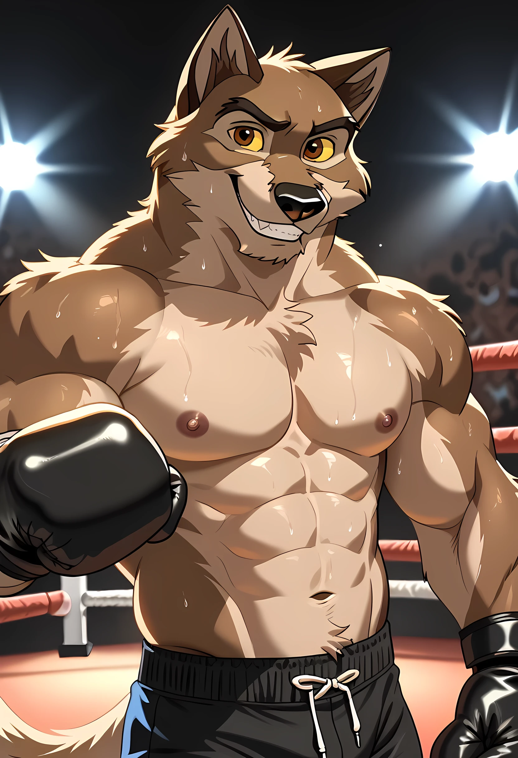 baltotwd, wolfdog, balto, brown eyes, yellow sclera, solo, detailed, detailed face, anthro, male, adult, muscular, gym background, blurry background:1.2, shirtless, wfa style, negger style, cel shaded:1.2, flat colors, (sweaty body, shiny body, glistening body):1.1, smile, wearing black boxing pants, wearing black boxing gloves, fighting pose